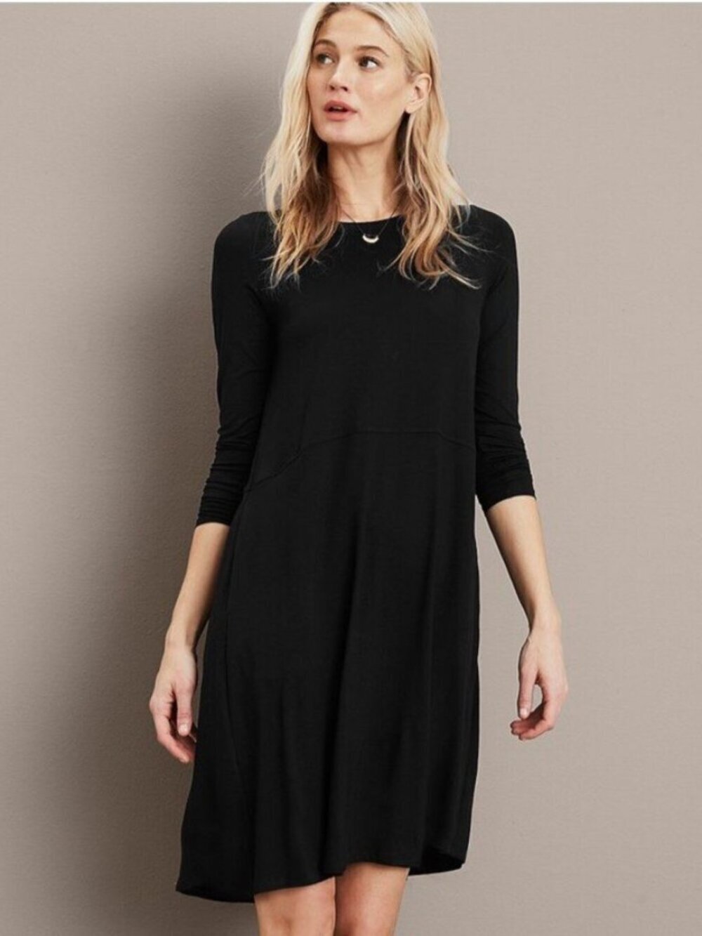 EILEEN FISHER Tunic Dress Sz L Viscose Jersey Black 3/4 Sleeve Midi Swing Knit
